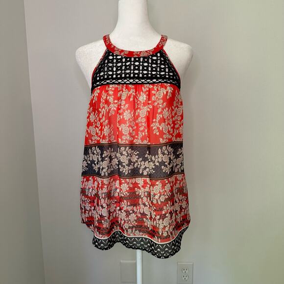 Meadow Rue Anthropologie black, orange and cream floral sleeveless top size S - Picture 2 of 12